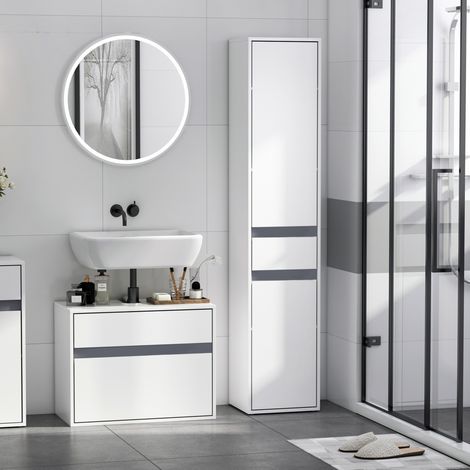 Meuble Colonne Rangement Salle de Bain – Style Contemporain, 2 Placards, 3 Étagères et Tiroir Coulissant, en Panneaux Particules, Pratique et Élégant, Blanc