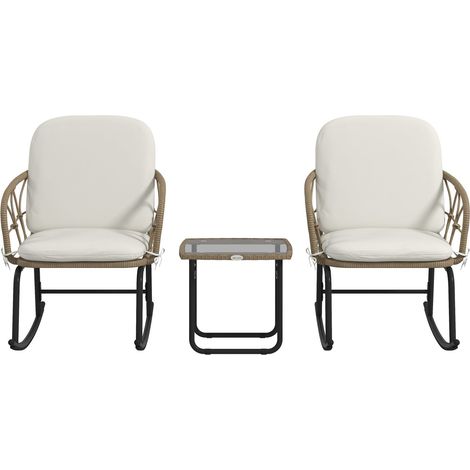 3-Tlg. Ratten Schaukelstuhl-Set, Gartenmöbel-Set Mit 2 Schaukelstühlen, 1 Couchtisch, Gartensitzgruppe Mit Kissen