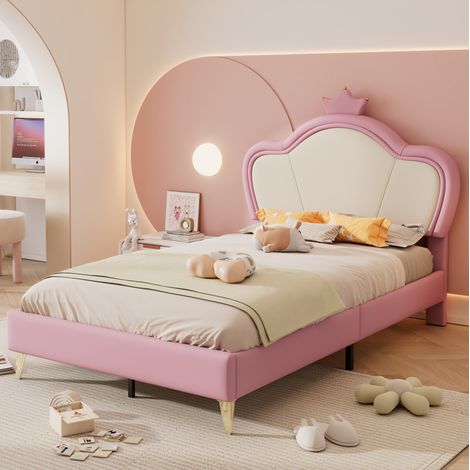 Lit simple enfant rembourré moderne 90x200 cm en PU rose et blanc, avec tête de lit couronne et sommier à lattes (1/5)