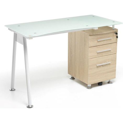 Scrivania porta pc Record colore rovere 120x60x75h piano vetro Temperato