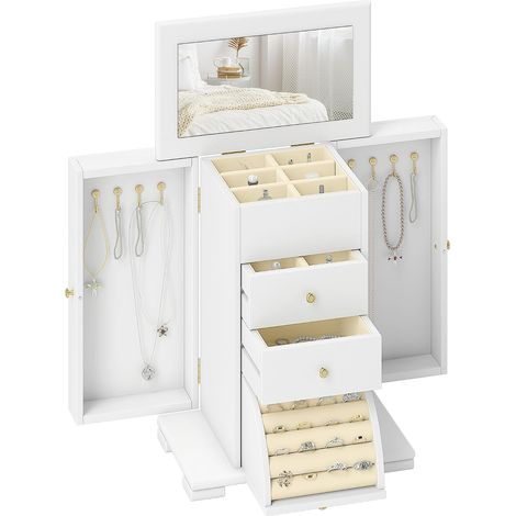 Boîte à Bijoux Femme à 4 Niveaux, Coffre à Bijoux en Bois avec Ailes, Miroir et 2 Tiroirs pour Bagues, Boucles d'Oreilles, Colliers et Bracelets, Blanc (1/5)