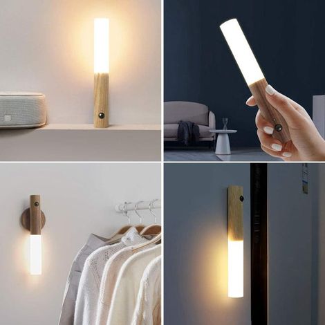Luce notturna, lampada da parete a LED in legno, sensore di movimento, ricaricabile tramite USB, luce notturna magnetica senza fili per salire le scale, luce bianca (1/4)