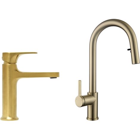 Set miscelatore lavabo + miscelatore cucina Ceramia Timeless in acciaio inox con doccetta estraibile 2 getti, oro spazzolato (1/5)