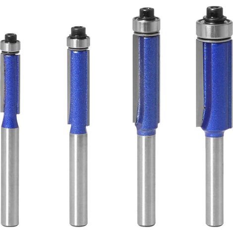 4pcs 6.35mm Tige Amélioré Fraise a Copier Affleurement Trim Routeur Bit Defonceuse Double Flûte Avec Roulement Supérieure 6.35, 7.96, 9.52, 12.7mm Pour Outils de Menuiserie Bleu (1/5)