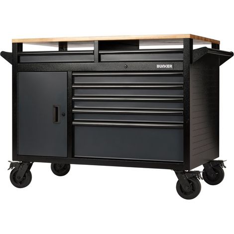 Draper 08251 BUNKER 14 Drawer Multi-Functional Workbench Roller Tool Cabinet, 48"", Grey