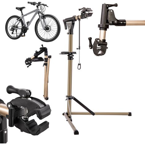 Relaxdays soporte montaje bicicletas, altura 100-160 cm, para cuadros 35-85 mm, soporte manillar, hasta 50 kg, dorado (1/5)