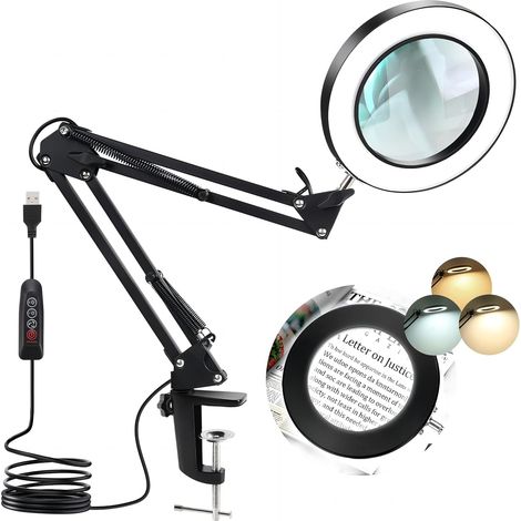 Lampe loupe 10X LED – pince métal/bras pivotant – 3 couleurs/10 luminosités – artisanat/réparation (1/5)