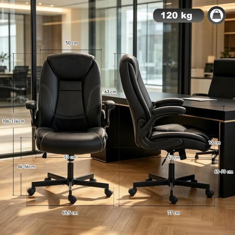 Chaise de bureau ergonomique, chaise de bureau avec accoudoirs rabattables, réglable en hauteur, inclinable, aspect cuir noir (1/5)