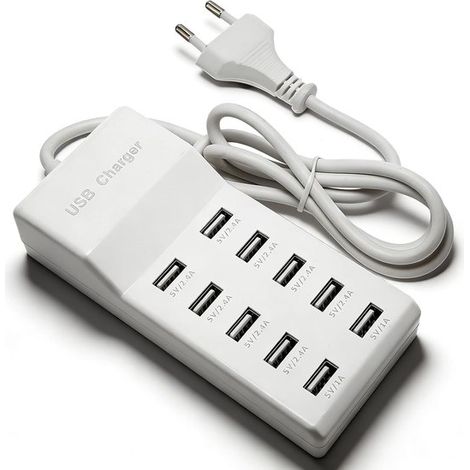 Stazione di ricarica USB a 10 porte con rilevamento automatico e ricarica rapida, hub di alimentazione sicuro per più dispositivi, smartphone, tablet, laptop, PC (1/4)