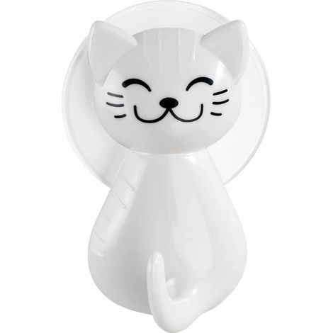 Crochet à ventouse Chat blanc - Crochet mural, patère pour vêtements, Plastique (ABS), 6 x 9.5 x 5.5 cm, Blanc (1/5)