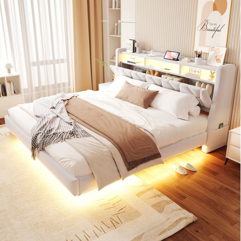 lit adulte rangement 180x200 cm avec tete LED USB samet beige OKMYHOME (1/5)