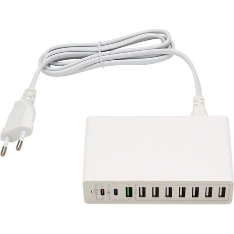 Dieses 10-Port-USB-Schnellladegerät für den Schreibtisch eignet sich für 65-W-USB-Ladestationen und ist mit verschiedenen Geräten wie Mobiltelefonen, Tablets und Laptops kompatibel. Es verfügt über ei