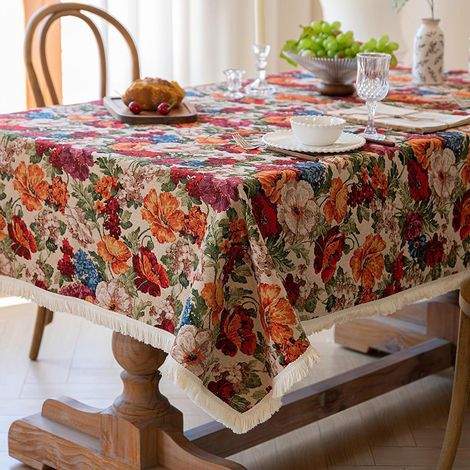 Nappe 140x140 cm Motif floral vintage avec pompons, aspect lin, pour table basse & cuisine