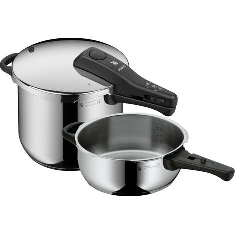 WMF Perfect One Pot - Set di 2 pentole a pressione a induzione, 6,5 l + 3 l, grande segnale di cottura, 2 livelli di cottura, manico rimovibile con coperchio in acciaio INOX (1/5)