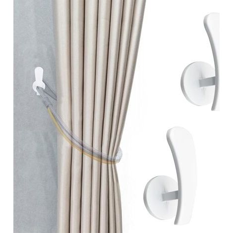 (blanc)Lot de 2 embrasses de rideau, crochets auto adhésifs à fixer au mur pour rideaux, supports de rangement en métal sans trace, crochets pour rideaux et cintres décoration intérieure (1/5)