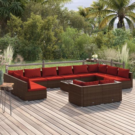 13-tlg. Garten-Lounge-Set mit Kissen Braun Poly Rattan (1/5)