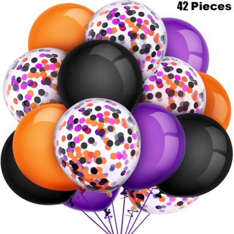 Kit de 125 ballons en latex noirs, oranges et violets avec confettis pour Halloween, idéal pour la décoration (12 pouces). (1/5)