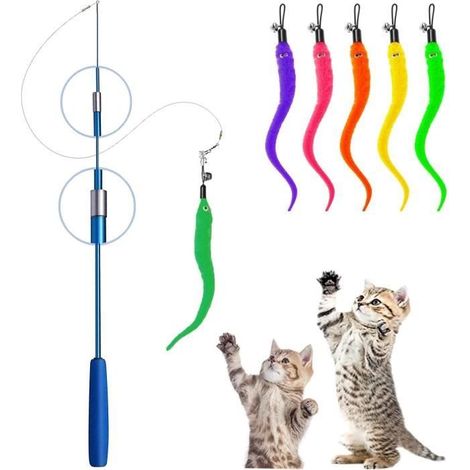 Jouet à Plumes pour Chats,Interactif Rétractable Canne a Peche Chats Jouet avec 1BâTon Baguette Magique + 5 Rechange de vers (1/4)