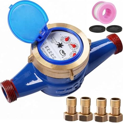 Compteur d'eau Flux Maison et Jardin, Water Meter Débitmètre D'eau Kit de Raccordement pour Compteur d'eau de Jardin compteur à Sec 3/4 Pouce avec Filtre Intégré Raccords en Laiton (1/5)