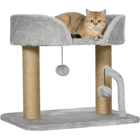 Arbre à Chat grattoir Design avec Jeu 2 Pompons Suspendus 2 poteaux Jute + Plateforme Peluche - 48 x 38 x 42 cm - Gris (1/5)