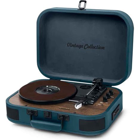 Muse MT-201 OB. Cymbale stéréo de 3 vitesses 33/45/78 RPM. Récepteur Bluetooth. Port USB pour la lecture et le décodage. Lecteur de carte SD. Entrée auxiliaire Mini-Jack. Couleur Bleu/Bois