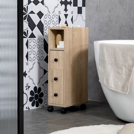 Meuble de salle de bain à 4 roues avec étagère ouverte, tiroir et armoire, en bois, 18x30x68,5 cm, couleur chêne (1/5)