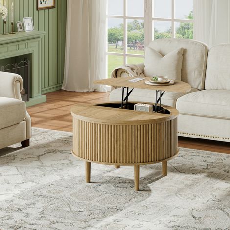 Table basse ronde 80 x 80 x 50 cm avec plateau relevable, rangement intégré, panneau de particules - naturel (1/5)