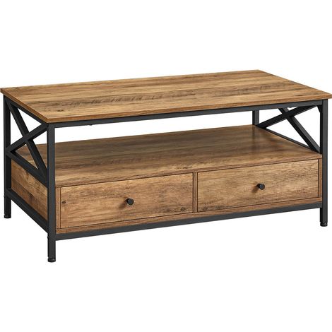 Tavolino da caffè tavolo da soggiorno credenza bassa con 2 cassetti e un vano aperto struttura in acciaio a forma di X 100 x 55 x 45 cm stile industriale marrone 120007486