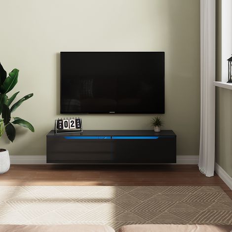 SONNI 1400mm TV-Lowboard 2 Türen Moderner hochglänzender hängender TV-Schrank mit Umgebungslicht für Wohnzimmer-Schlafzimmer-Möbel, Schwarz (1/5)