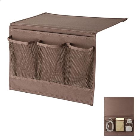 Vide Poche Lit, Sac de Chevet à Accrocher, Pochette de Chevet avec 4 Poches, Poche de Rangement de Chevet Pour Téléphone, Stylo, Magazine, Télécommande, Marron (1/5)