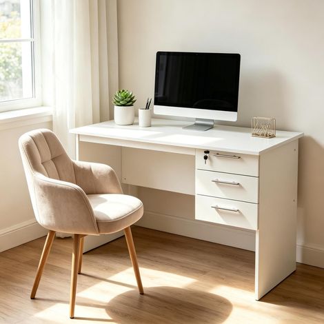 Bureau 120 cm avec 3 tiroirs verrouillable blanc OKMYHOME (1/5)