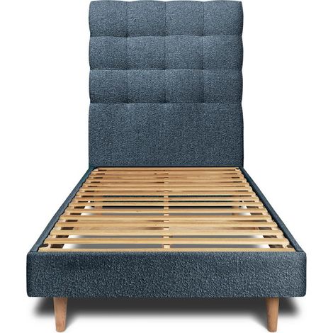 Lit 90x190cm avec tête de lit capitonnée bouclette et sommier kit Bleu - Hauteur totale : 29cm (1/5)