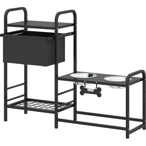 Distributeur surélevé pour chien avec rangement, bols en acier inoxydable 2 x 800 ml, hauteur réglable, noir 89,5x27x74 cm (1/5)