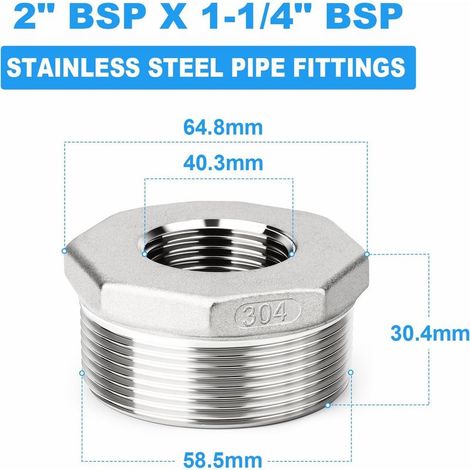 Zweiteiliger Sechskant-Reduzierverbinder, 2" BSP-Außengewinde auf 1-1/4" BSP-Innengewinde, Schlauchadapter-Reduzierstück aus Edelstahl 304 (1/5)