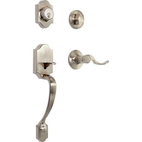 Ensemble serrure porte d’entrée, poignée, cylindre simple, nickel satiné, installation facile. (1/5)