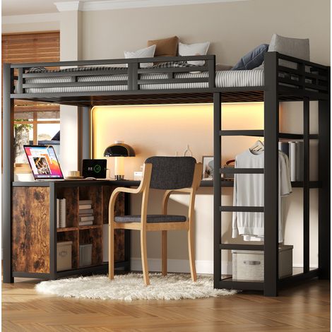 Cama alta moderna de metal y MDF negro 140x200 cm con escritorio, LED, USB, estantes y armario abierto (1/5)