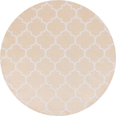 Tapis d'Extérieur et Intérieur Moderne 120 cm Forme Ronde Motif Treillis Marocain Beige et Blanc Mosore