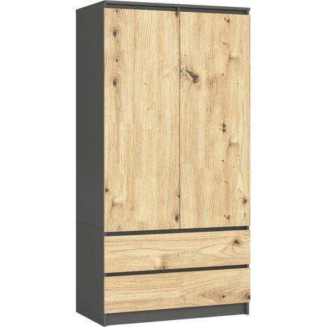Armoire 2 Portes Armoir Chambre 2 Tiroirs avec Etagères et Une Tringle 90x180x51 cm Armoire sans Penderie Chambre Dressing Rangement Placard Gris Graphite & Façade Chêne Artisanal (1/5)
