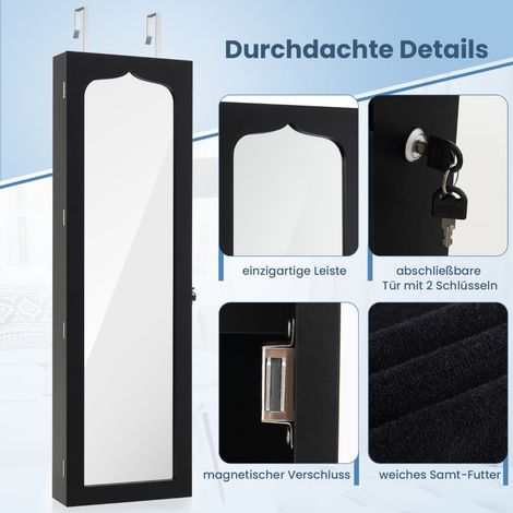 Schmuckschrank mit Spiegel und LED-Beleuchtung, abschließbar, schwarz