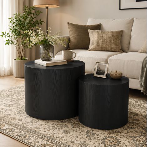 Set di 2 tavolini rotondi impilabili per soggiorno e camera da letto, tavolino laterale in MDF nero, piedini antiscivolo (1/5)