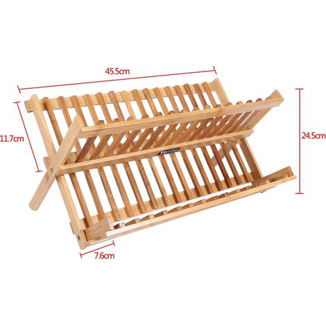 Étagère de Séchage à Deux Niveaux en Bois pour Vaisselle et Couverts, Rack de Drainage Pliable pour Évier de Cuisine (1/5)