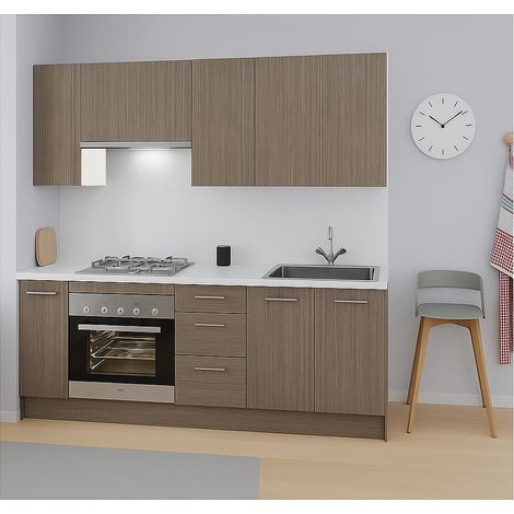 Cocina Kit-Chef con encimera y con zocalo de 220 cm de ancho en nogal noceto.