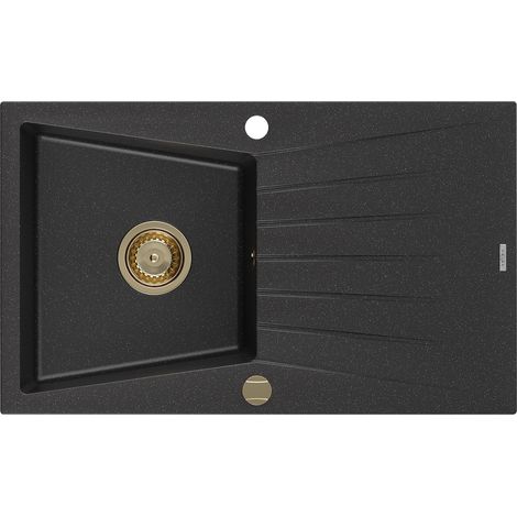 Mexen Cesar lavello in granito a 1 vasca con scolapiatti 775 x 470 mm, nero/argento metallico, sifone dorato - 6514771010-73-G (1/5)