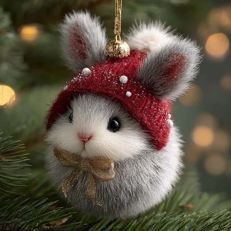 Ornement De Noël - Animaux En Acrylique Avec Chapeau Tricoté Rouge Et Nœud Doré - Décoration Arbre De Noël - Lot De 6 (1/3)
