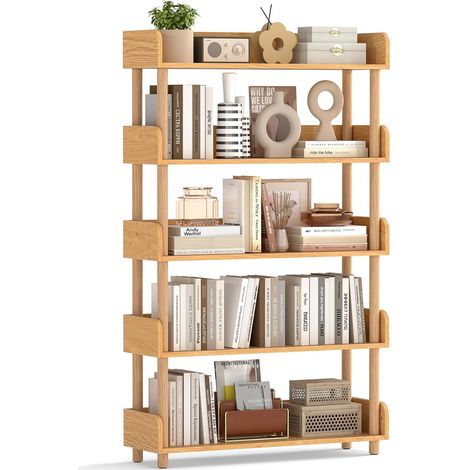 COSTWAY Libreria Verticale a 5 Livelli,con Gambe in Legno di Pino,Protezione dei Bordi,per Soggiorno