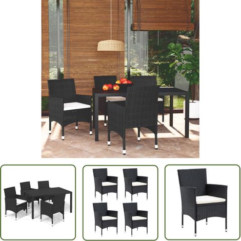 The Living Store 5-tlg. Garten-Essgruppe mit Kissen Poly Rattan Schwarz - Gartenmöbel - Essgruppe - Outdoor Möbel - Balkonmöbel - Terrassengruppe (1/5)