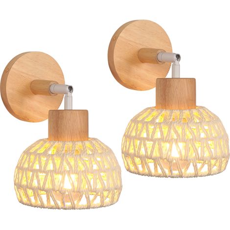2PCS Rotin Tissé Applique Murale Rétro Bohème Lampe Murale Abat-jour en Corde en Papier Fait à La Main Luminaire Cage E27 pour Chambre Salon Blanc (1/5)