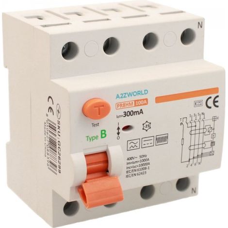 RCCB Interruttore Differenziale Puro Tipo B 3P+N 4M 10000A 300mA 100A AC 400V IP20 IEC61008-1 / IEC62423 PR8HM