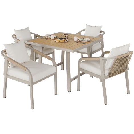 Gartenmöbel Set 4 Personen, Garten-Essgruppe mit Gartentisch und 4 Stühlen, Stahl/Kunststoffholz, Seildesign, Khaki/Beige