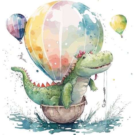 Papier peint panoramique Enfants - Crocodile Montgolfière - 195 cm x 125 cm (1/2)